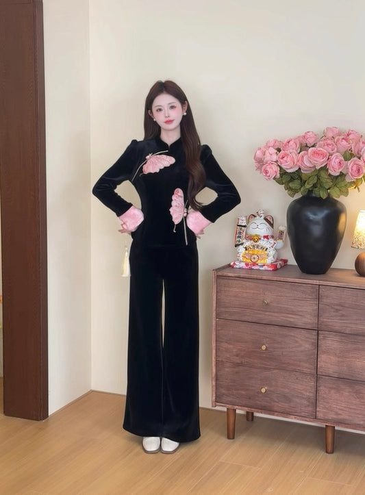 花信驿 新中式贴布绣丝绒套装The Flower Post | Appliqué Embroidered Velvet Oriental Suit