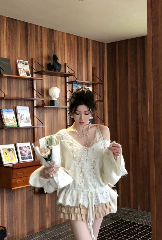 暖朵毛衣 镂空钩宽松抽绳毛衣上衣 Warm Blossom Sweater – Loose Drawstring Crochet Knit Top