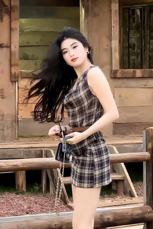 草原薇薇 复古格纹无袖送腰带套装 Prairie Vivi Vintage Plaid Sleeveless Set with Belt
