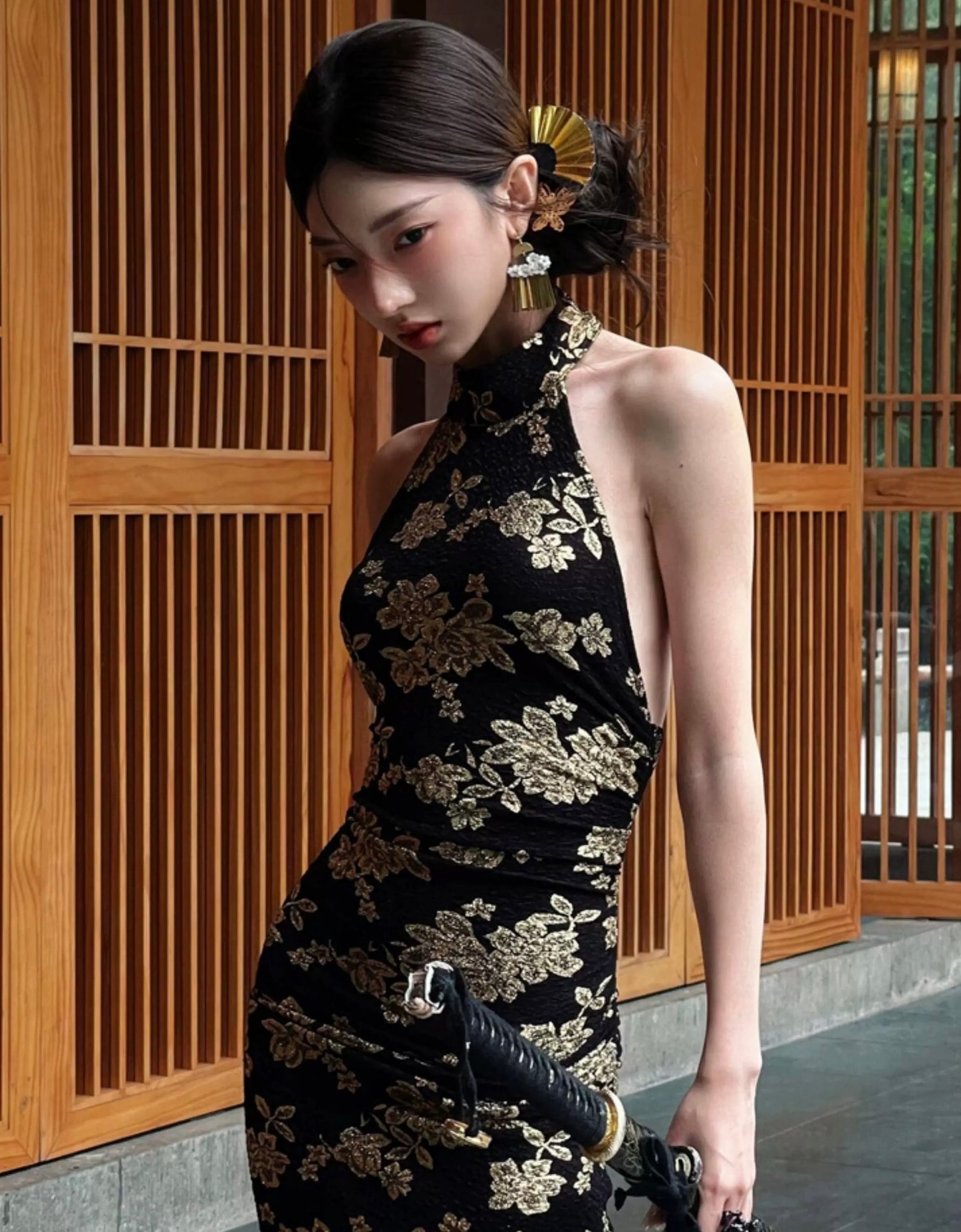 日落金盏 新中式金色扇子发簪/耳环套装 Sunset Golden Chalice – New Chinese Style Golden Fan Hairpin & Earring Set