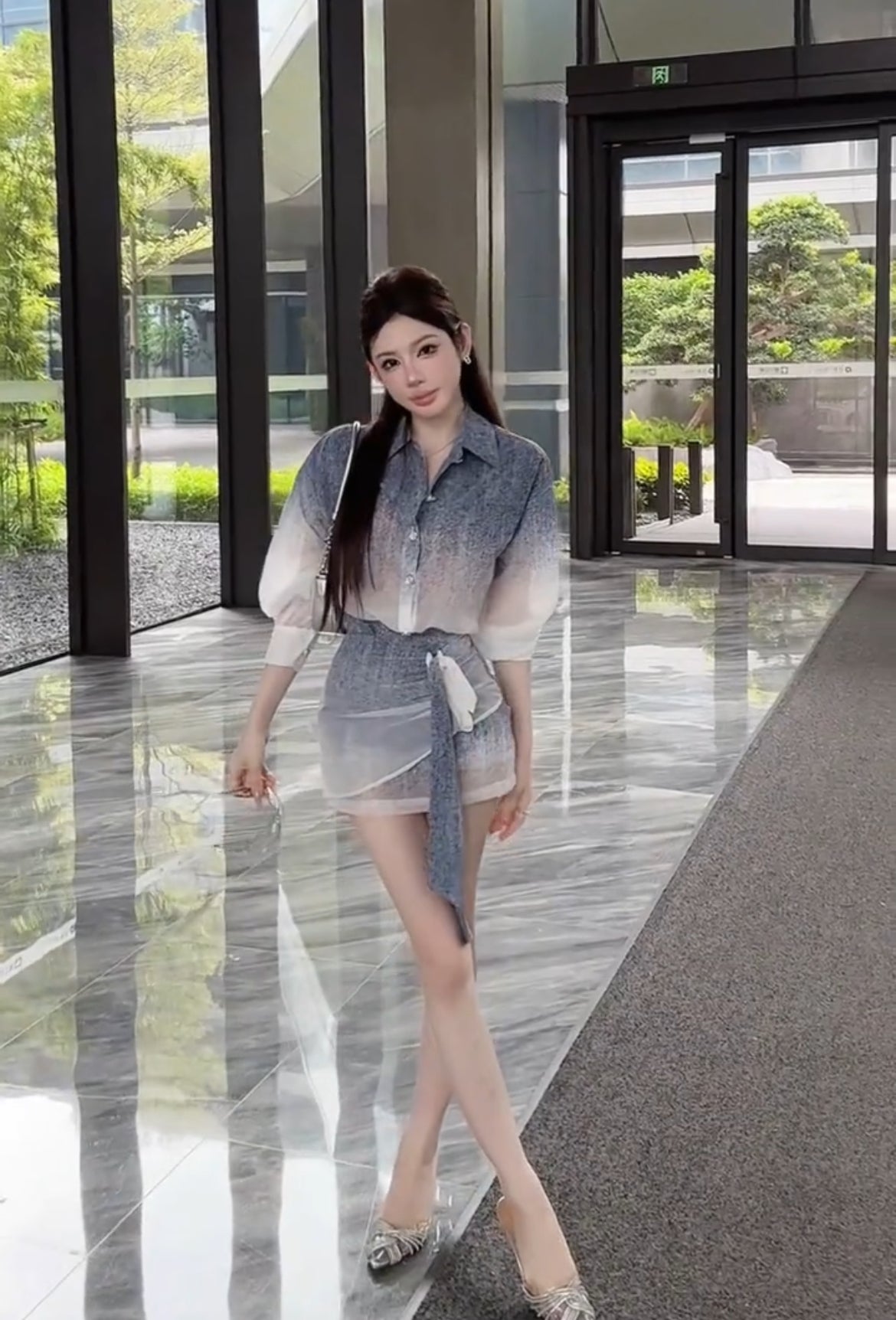 天空之境 小香渐变衬衫包臀裙套装 Sky Mirror Gradient Tweed-Style Blouse and Pencil Skirt Set
