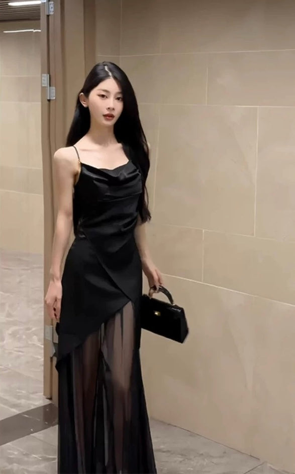 夏日来信 Summer’s Letter - Black Spaghetti Strap Mesh Panel Slim Fit Maxi Dress