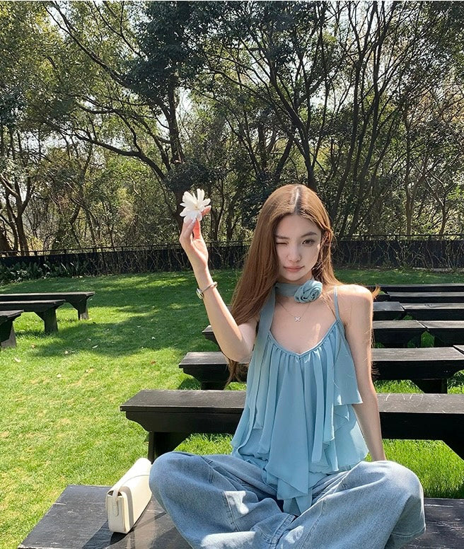 Summer度假 设计感吊带V领雪纺上衣 Chic V-Neck Chiffon Camisole Top