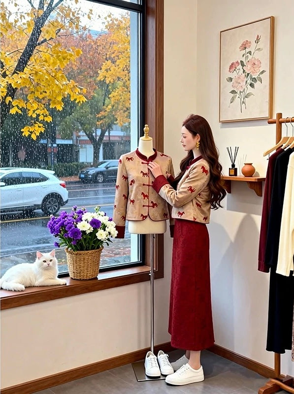 放马川 新中式撞色旗袍外套套装 Wild Rose & River | Contrast Trim New Chinese Jacket & Cheongsam Set