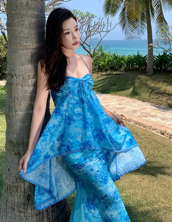 蓝调假日 挂脖吊带鱼尾连衣裙 Elegant Blue Holiday Halter Mermaid Dress