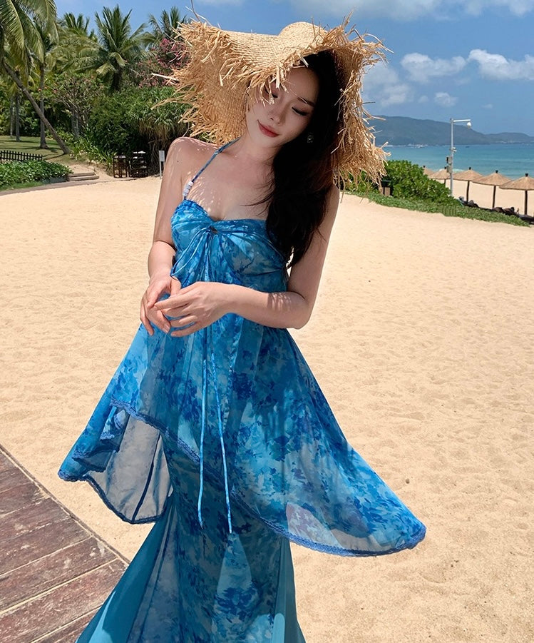 蓝调假日 挂脖吊带鱼尾连衣裙 Elegant Blue Holiday Halter Mermaid Dress