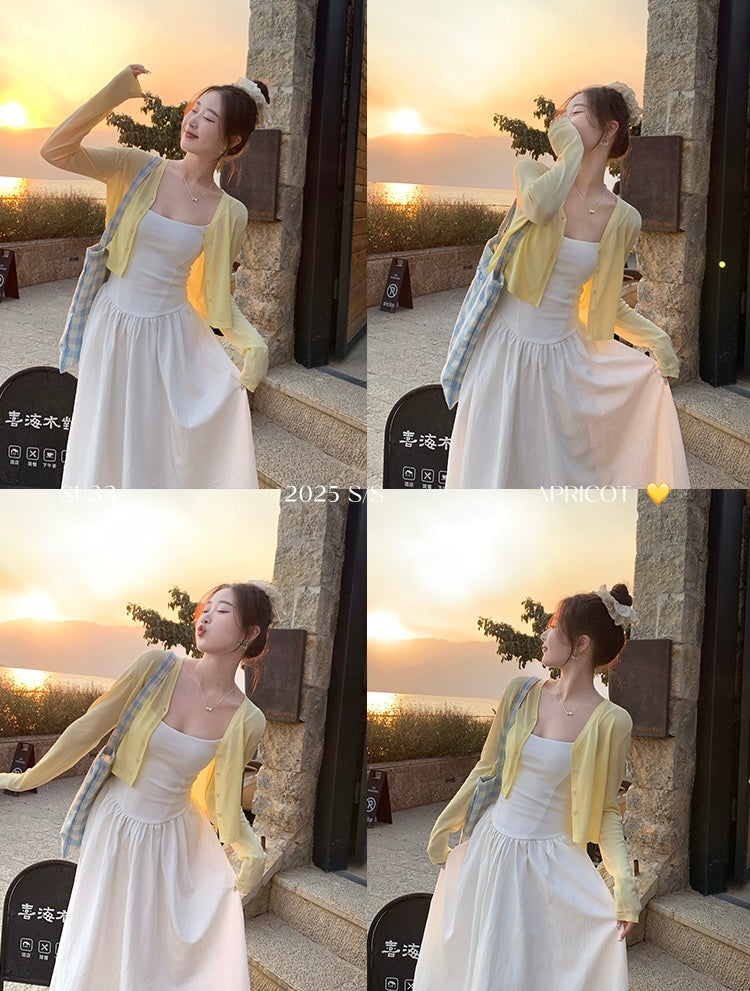 奶黄之夏 配吊带小外搭防晒针织开衫 Milky Yellow Summer – Camisole Set with Lightweight Knit Sun-Protective Cardigan