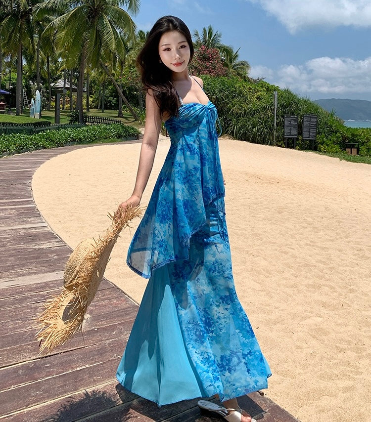 蓝调假日 挂脖吊带鱼尾连衣裙 Elegant Blue Holiday Halter Mermaid Dress