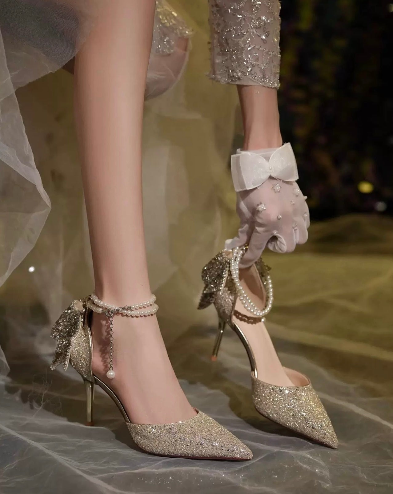 公主成年礼 亮片钻水晶蝴蝶结高跟鞋 Princess Coming-of-Age Sequin Crystal Bow High Heels