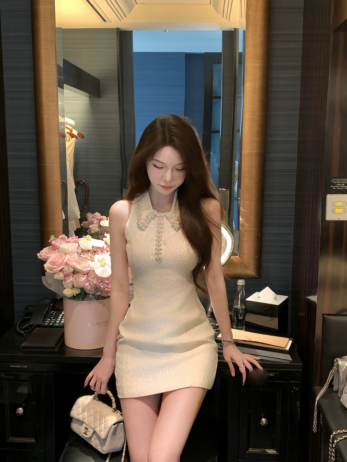 星夜私语 重工珍珠短裙无袖连衣裙 Starlit Whisper Heavily Embellished Pearl Mini Sleeveless Dress