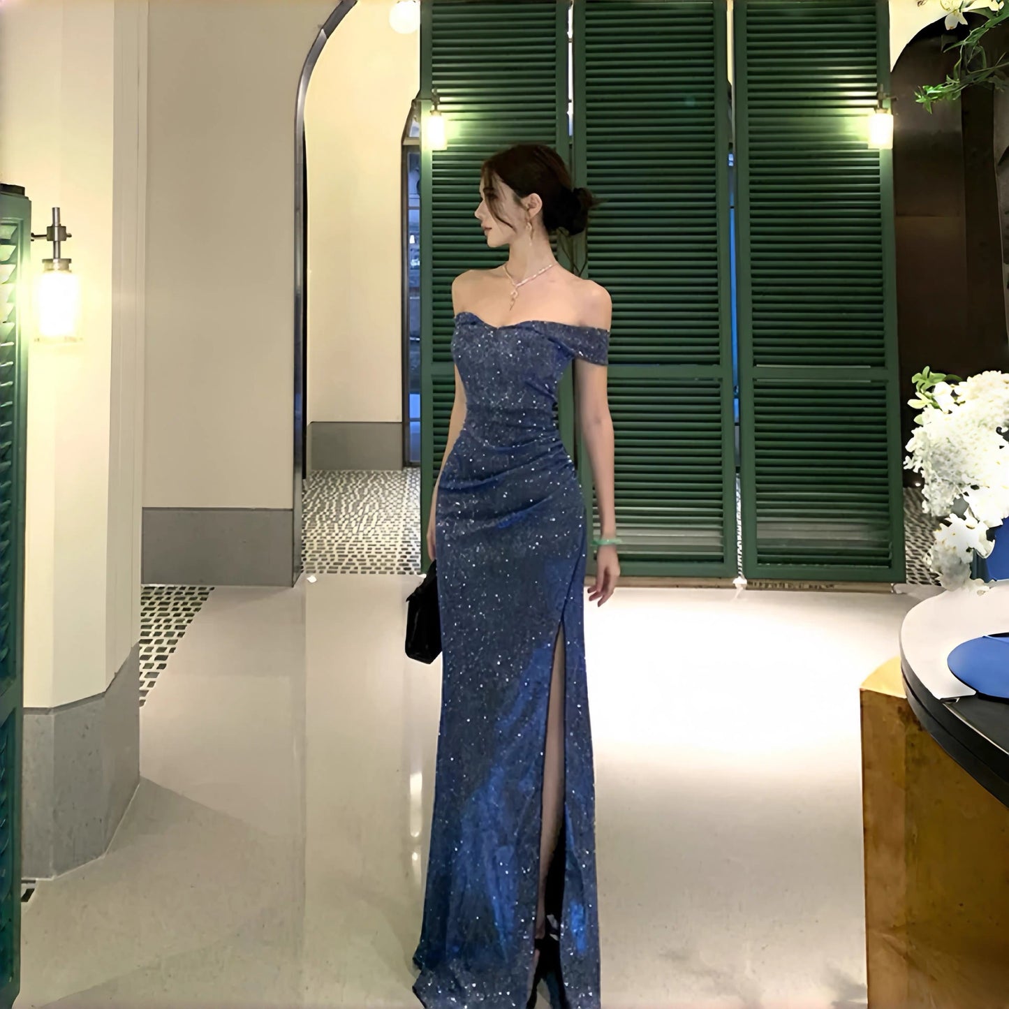 高贵可可 高级感闪闪亮一字肩抹胸连衣裙 Noble Cocoa Shimmer Off-Shoulder Strapless Dress