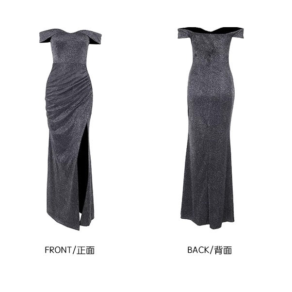 高贵可可 高级感闪闪亮一字肩抹胸连衣裙 Noble Cocoa Shimmer Off-Shoulder Strapless Dress