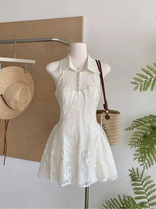 奶绒陷阱 气质挂脖蕾丝连衣裙 Milky Soft Trap Elegant Halter Lace Dress