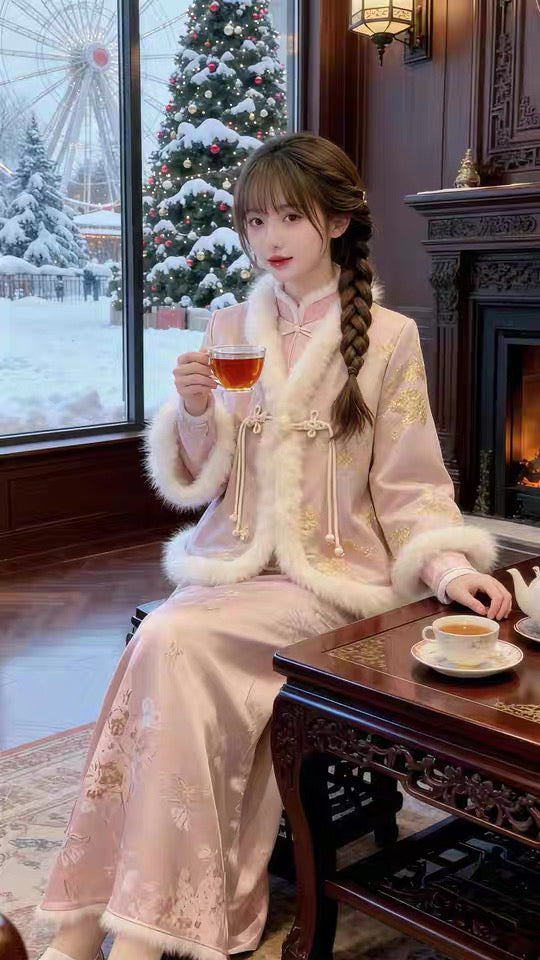 冬年 富家千金新中式提花外套半身裙套装 Winter Elegance New Chinese Jacquard Jacket and Skirt Set for Wealthy Heiress Style