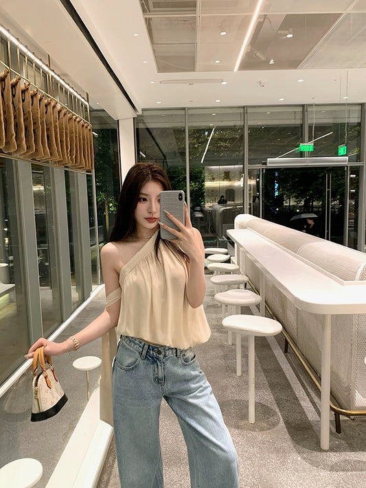 瑶瑶窃语 斜肩宽松雪纺衫上衣/连衣裙 Whisper of Yao – One-Shoulder Loose Chiffon Blouse / Dress