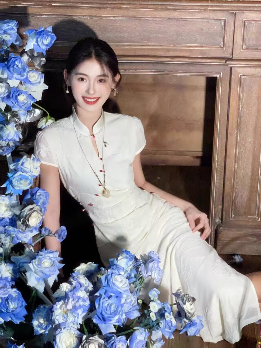 恣禾云霄 新中式改良旗袍提花白色连衣裙 Cloudy Modern Chinese Jacquard Qipao White Dress