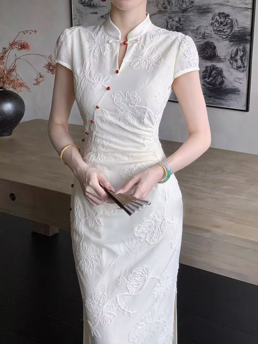 恣禾云霄 新中式改良旗袍提花白色连衣裙 Cloudy Modern Chinese Jacquard Qipao White Dress