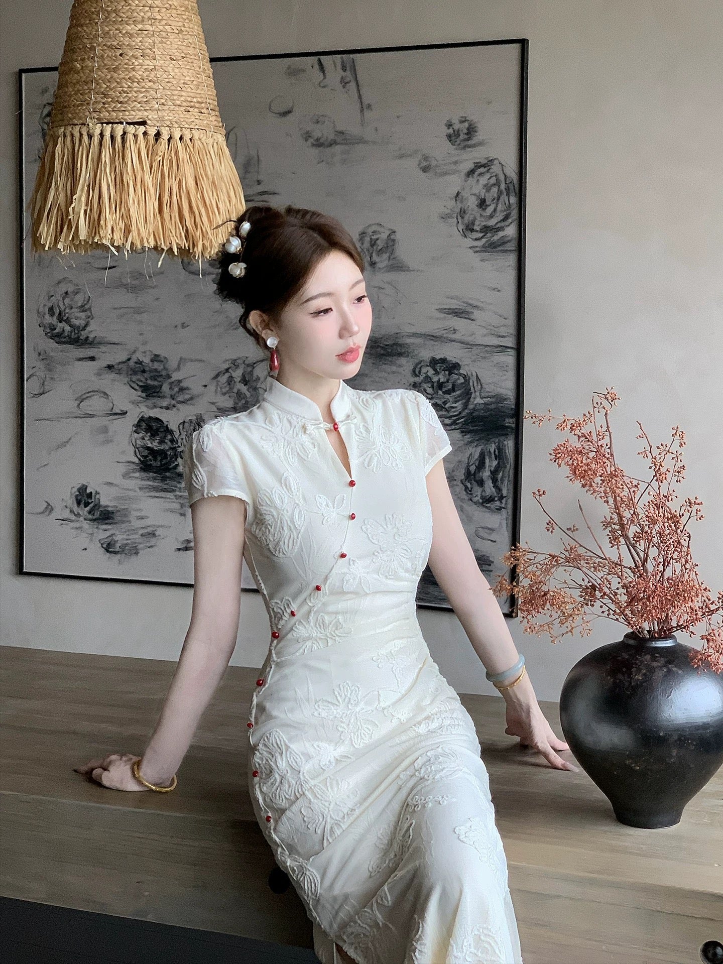 white chinese dress 恣禾云霄新中式改良旗袍提花白色连衣裙Cloudy Modern Chinese Jacquard Qipao White Dress – PINGOFASHION