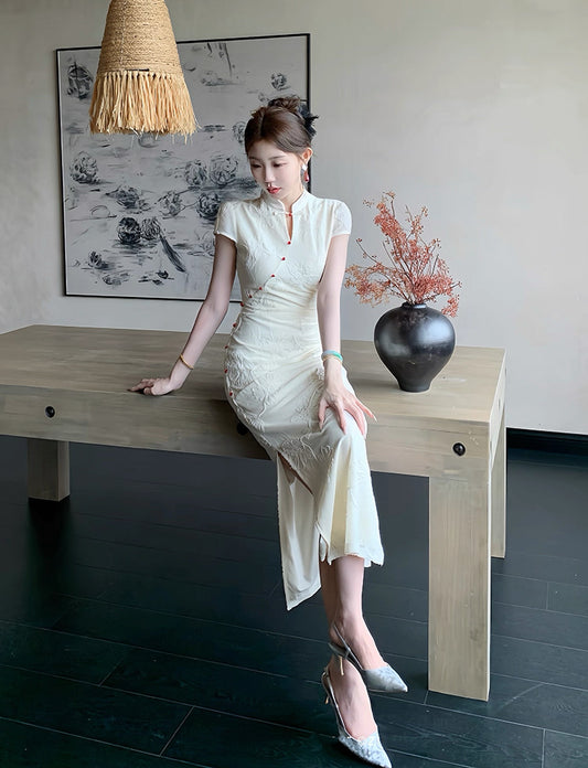 恣禾云霄 新中式改良旗袍提花白色连衣裙 Cloudy Modern Chinese Jacquard Qipao White Dress