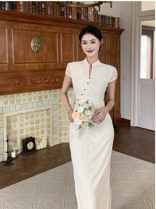 恣禾云霄 新中式改良旗袍提花白色连衣裙 Cloudy Modern Chinese Jacquard Qipao White Dress