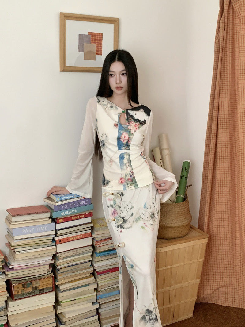 自我审美 复古网纱印花水滴旗袍套装 Self Aesthetic Vintage Mesh Print Teardrop Qipao Set