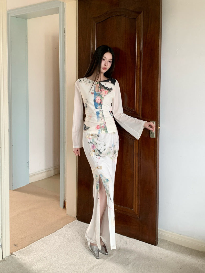 自我审美 复古网纱印花水滴旗袍套装 Self Aesthetic Vintage Mesh Print Teardrop Qipao Set