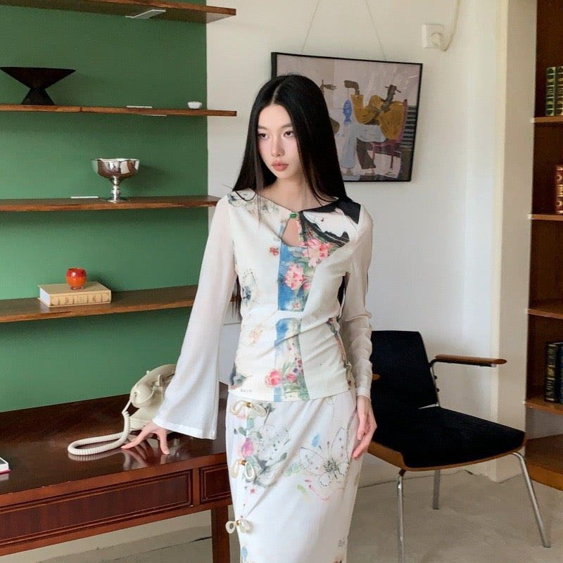 自我审美 复古网纱印花水滴旗袍套装 Self Aesthetic Vintage Mesh Print Teardrop Qipao Set