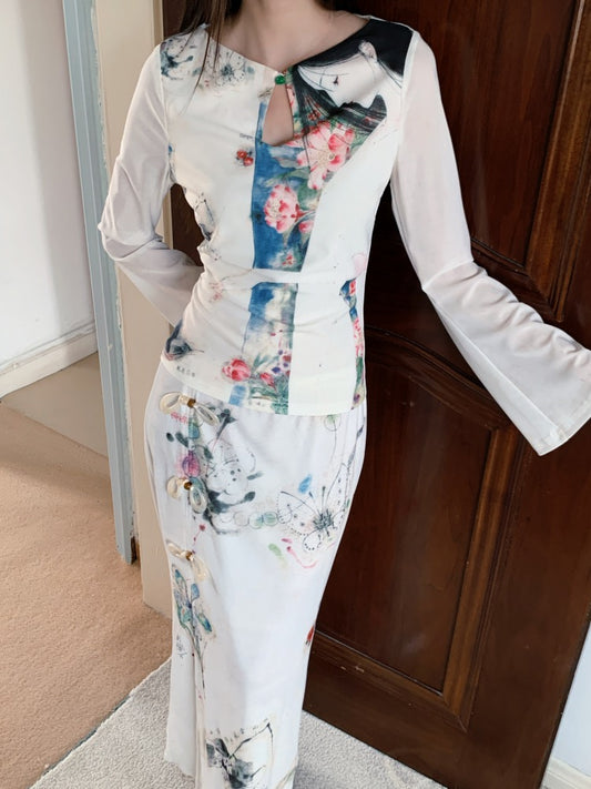 自我审美 复古网纱印花水滴旗袍套装 Self Aesthetic Vintage Mesh Print Teardrop Qipao Set