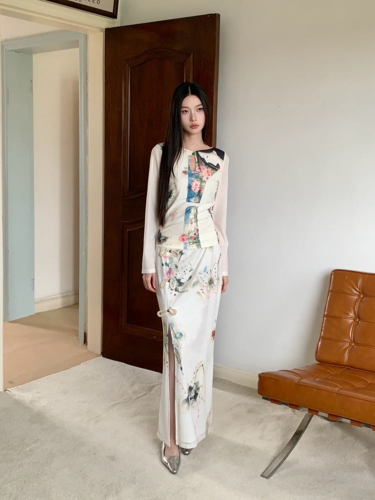 自我审美 复古网纱印花水滴旗袍套装 Self Aesthetic Vintage Mesh Print Teardrop Qipao Set