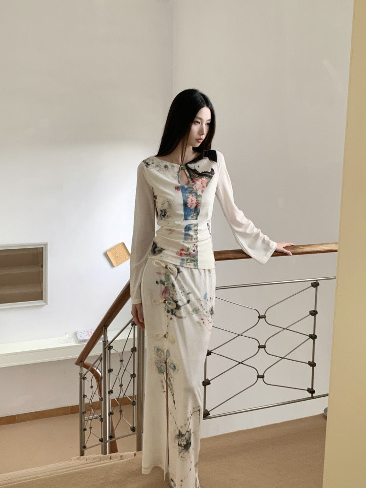 自我审美 复古网纱印花水滴旗袍套装 Self Aesthetic Vintage Mesh Print Teardrop Qipao Set