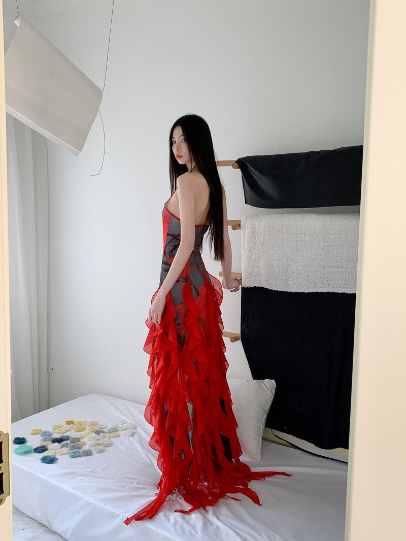 百日红 度假花卉印花红色荷叶边旗袍连衣裙 Crimson Crape Myrtle Vacation Floral Print Red Ruffle Qipao Dress