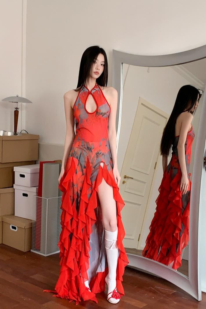 百日红 度假花卉印花红色荷叶边旗袍连衣裙 Crimson Crape Myrtle Vacation Floral Print Red Ruffle Qipao Dress