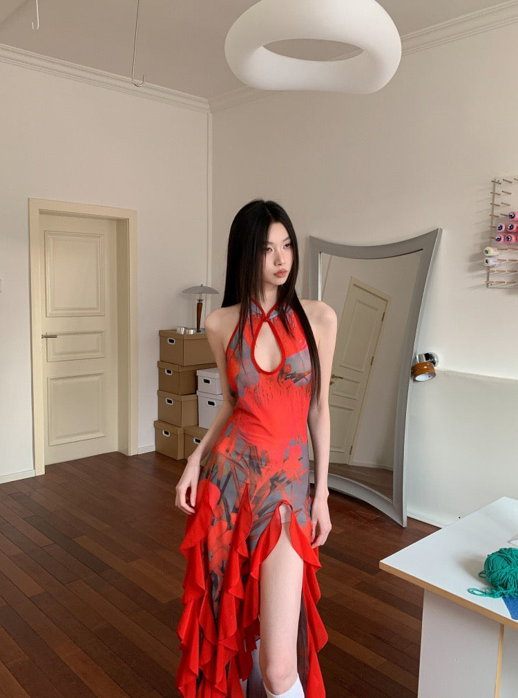 百日红 度假花卉印花红色荷叶边旗袍连衣裙 Crimson Crape Myrtle Vacation Floral Print Red Ruffle Qipao Dress