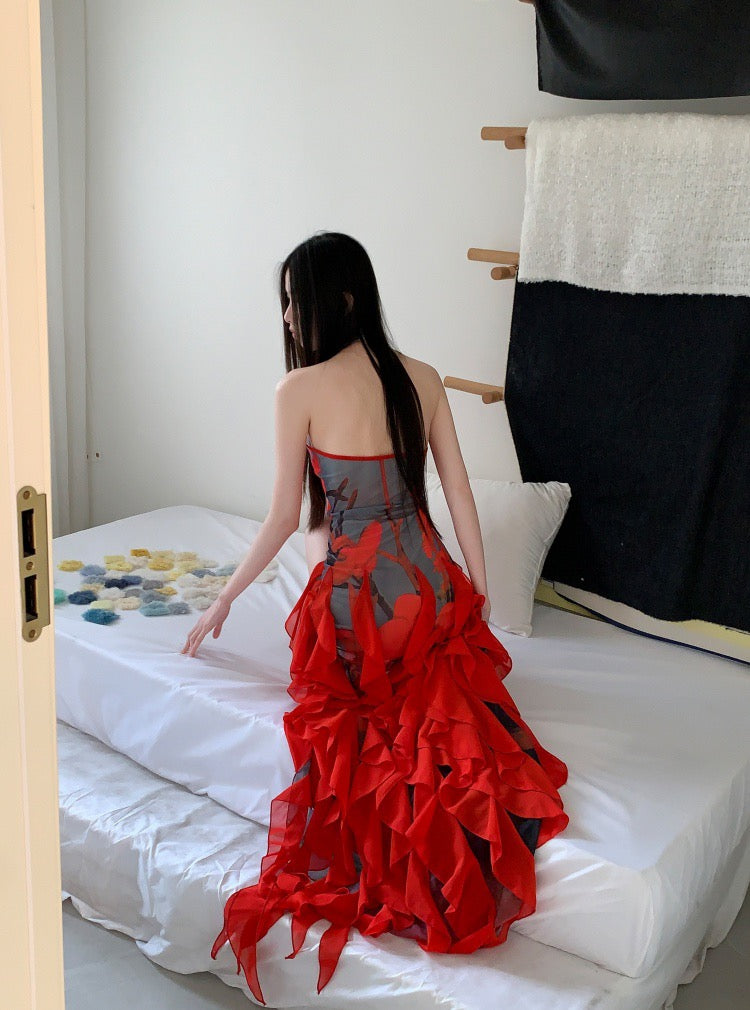 百日红 度假花卉印花红色荷叶边旗袍连衣裙 Crimson Crape Myrtle Vacation Floral Print Red Ruffle Qipao Dress