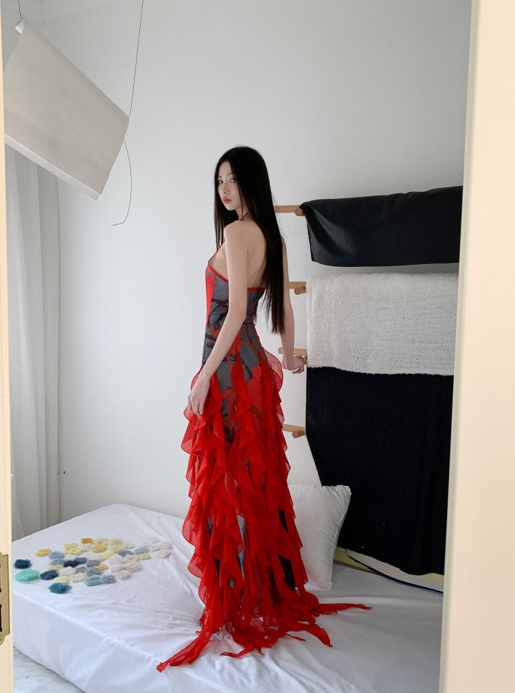 百日红 度假花卉印花红色荷叶边旗袍连衣裙 Crimson Crape Myrtle Vacation Floral Print Red Ruffle Qipao Dress