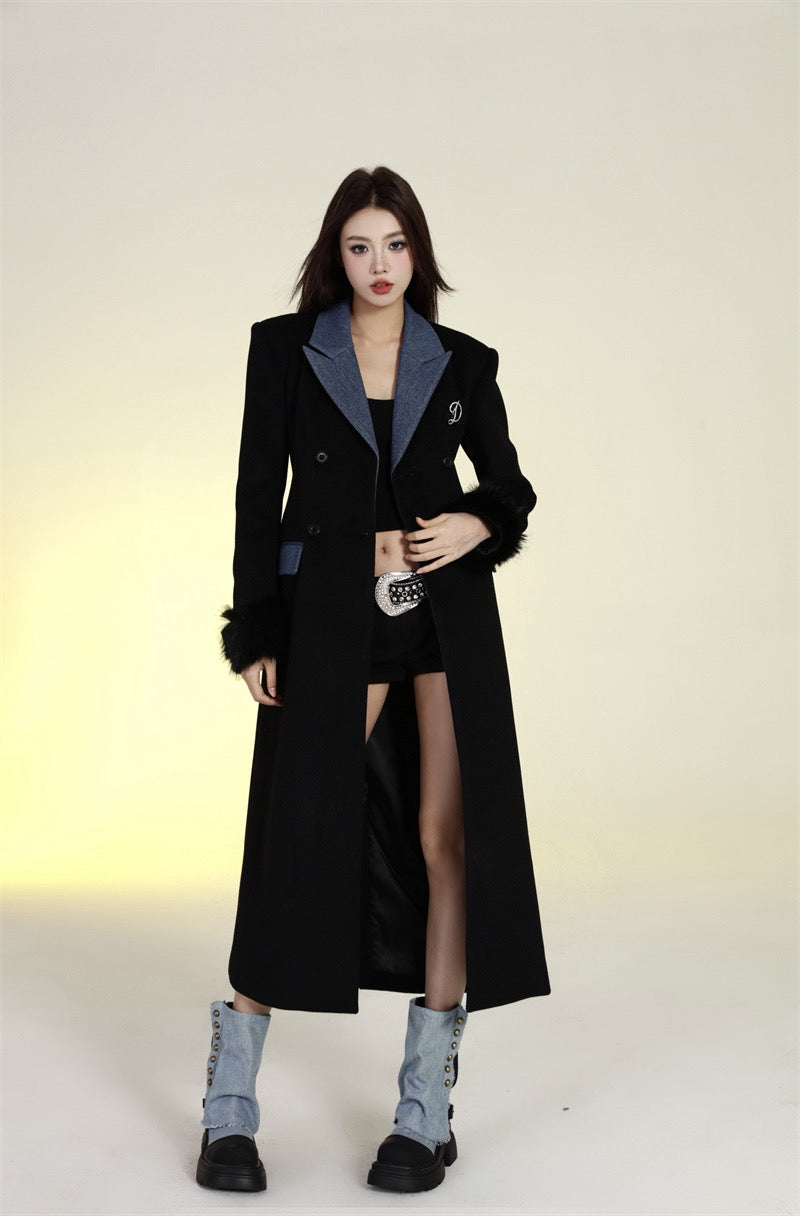 反叛缪斯 沙漏牛仔拼接大衣长款外套 Rebel Muse Hourglass Denim-Panel Long Coat