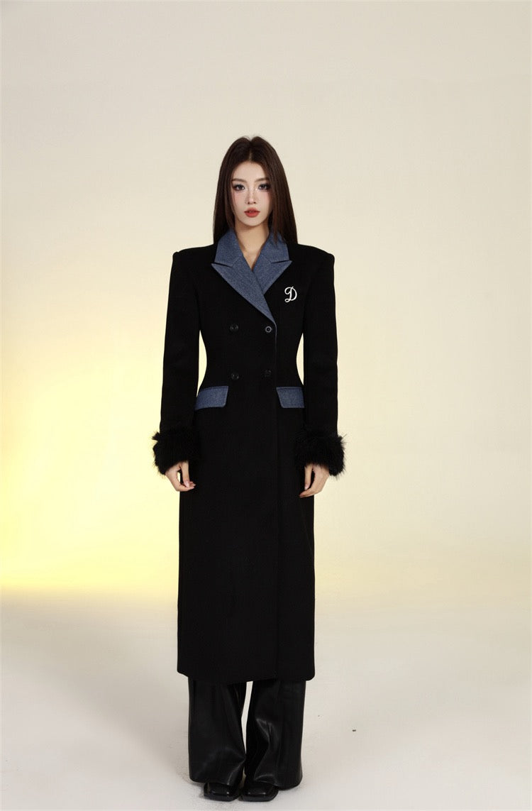 反叛缪斯 沙漏牛仔拼接大衣长款外套 Rebel Muse Hourglass Denim-Panel Long Coat