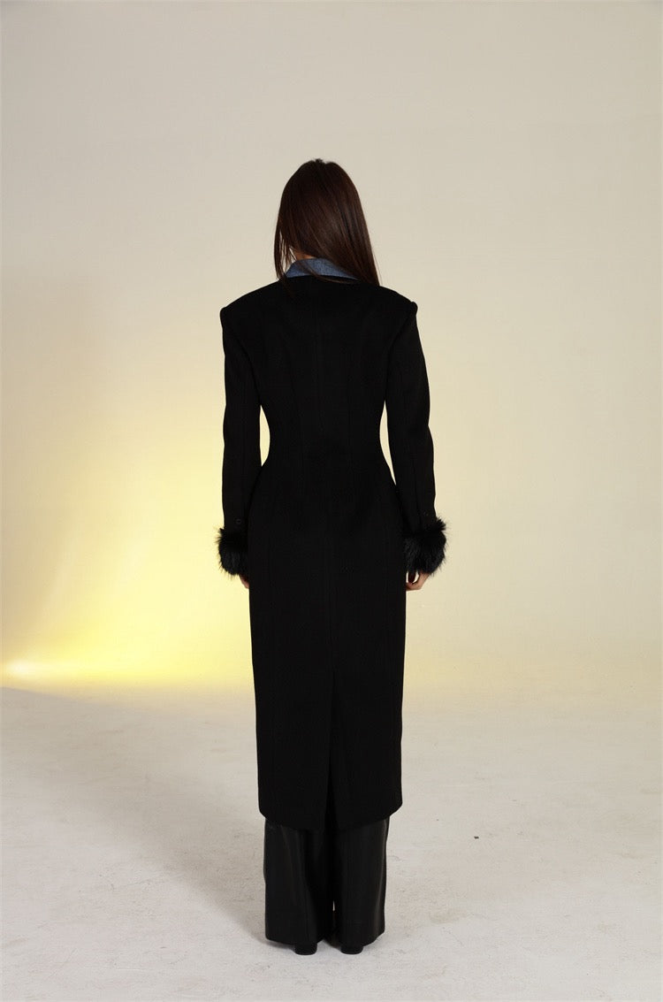 反叛缪斯 沙漏牛仔拼接大衣长款外套 Rebel Muse Hourglass Denim-Panel Long Coat