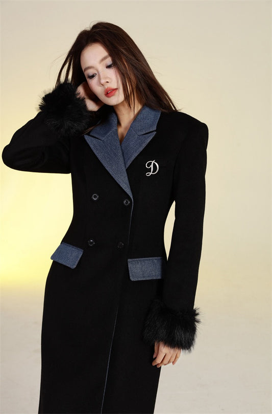 反叛缪斯 沙漏牛仔拼接大衣长款外套 Rebel Muse Hourglass Denim-Panel Long Coat