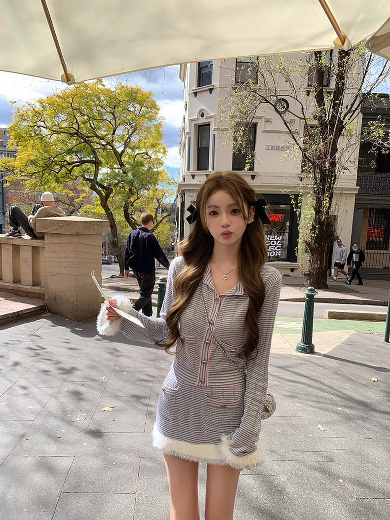 蓝花楹 宽松拼接纱线毛感针织上衣+半裙套装 Jacaranda Loose-Fit Fuzzy Knit Top and Skirt Set