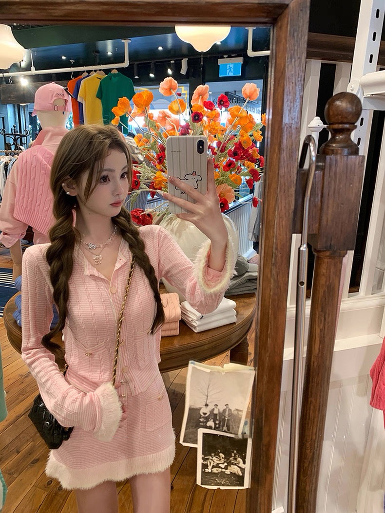 蓝花楹 宽松拼接纱线毛感针织上衣+半裙套装 Jacaranda Loose-Fit Fuzzy Knit Top and Skirt Set