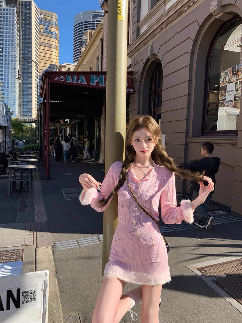 蓝花楹 宽松拼接纱线毛感针织上衣+半裙套装 Jacaranda Loose-Fit Fuzzy Knit Top and Skirt Set