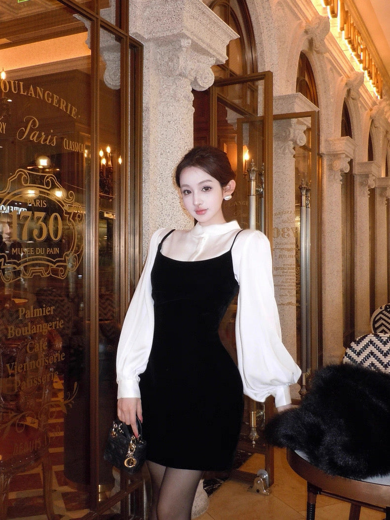 柔白黑韵 轻奢小众收腰衬衫吊带裙套装 Soft White & Black Elegant Luxe Waist-Cinched Shirt and Slip Dress Set