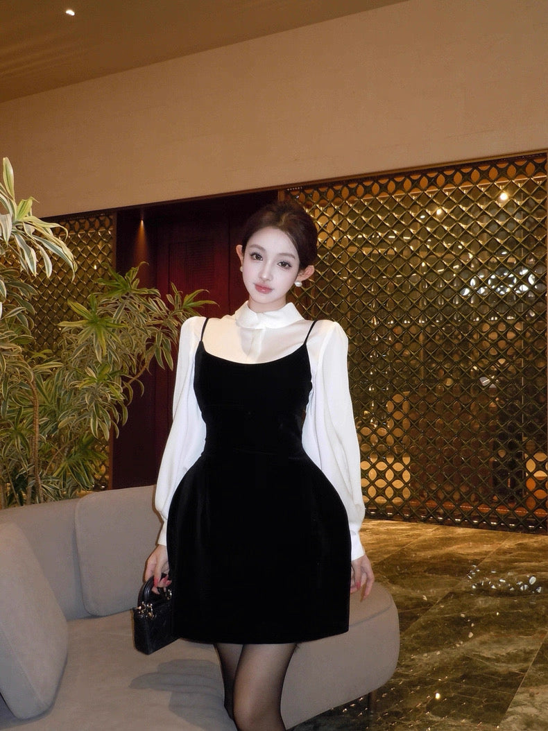 柔白黑韵 轻奢小众收腰衬衫吊带裙套装 Soft White & Black Elegant Luxe Waist-Cinched Shirt and Slip Dress Set