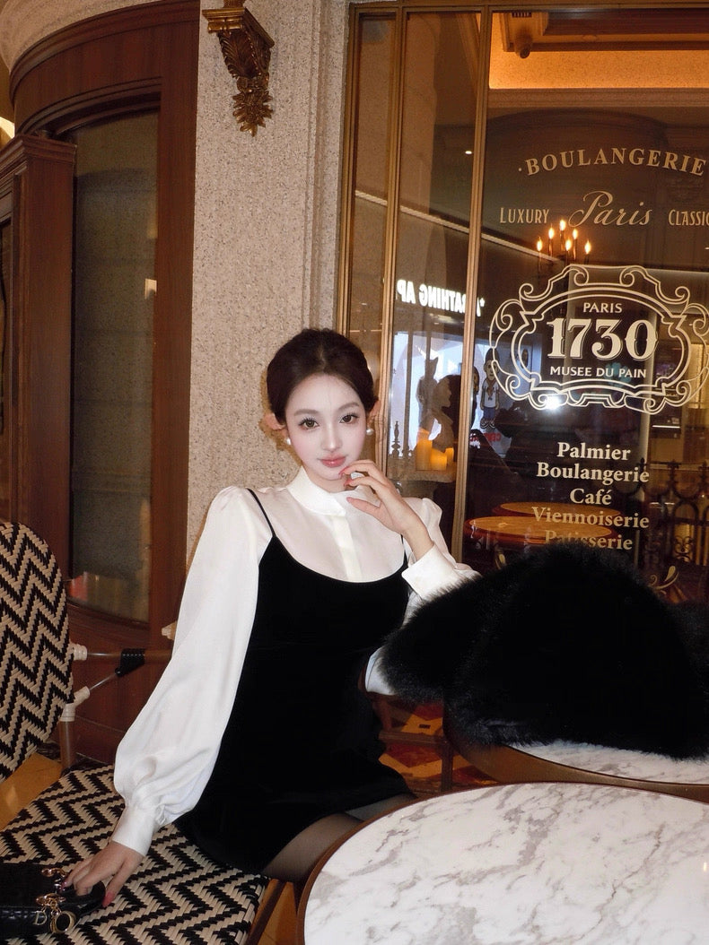 柔白黑韵 轻奢小众收腰衬衫吊带裙套装 Soft White & Black Elegant Luxe Waist-Cinched Shirt and Slip Dress Set