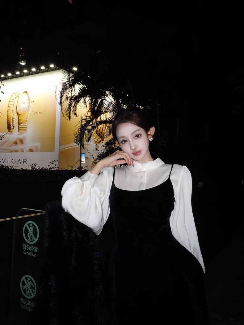 柔白黑韵 轻奢小众收腰衬衫吊带裙套装 Soft White & Black Elegant Luxe Waist-Cinched Shirt and Slip Dress Set