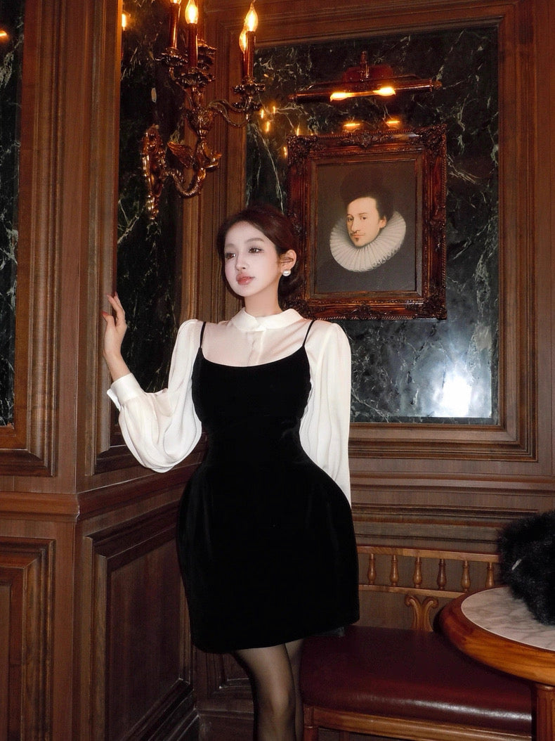 柔白黑韵 轻奢小众收腰衬衫吊带裙套装 Soft White & Black Elegant Luxe Waist-Cinched Shirt and Slip Dress Set
