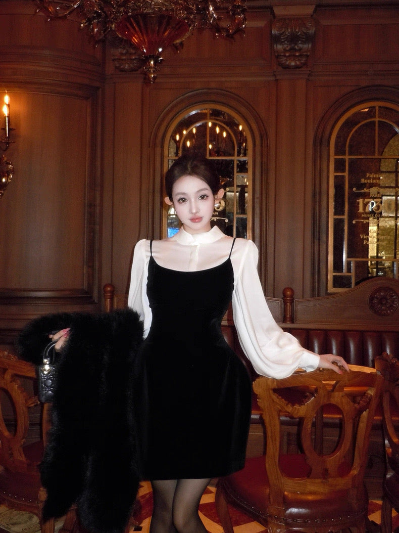 柔白黑韵 轻奢小众收腰衬衫吊带裙套装 Soft White & Black Elegant Luxe Waist-Cinched Shirt and Slip Dress Set