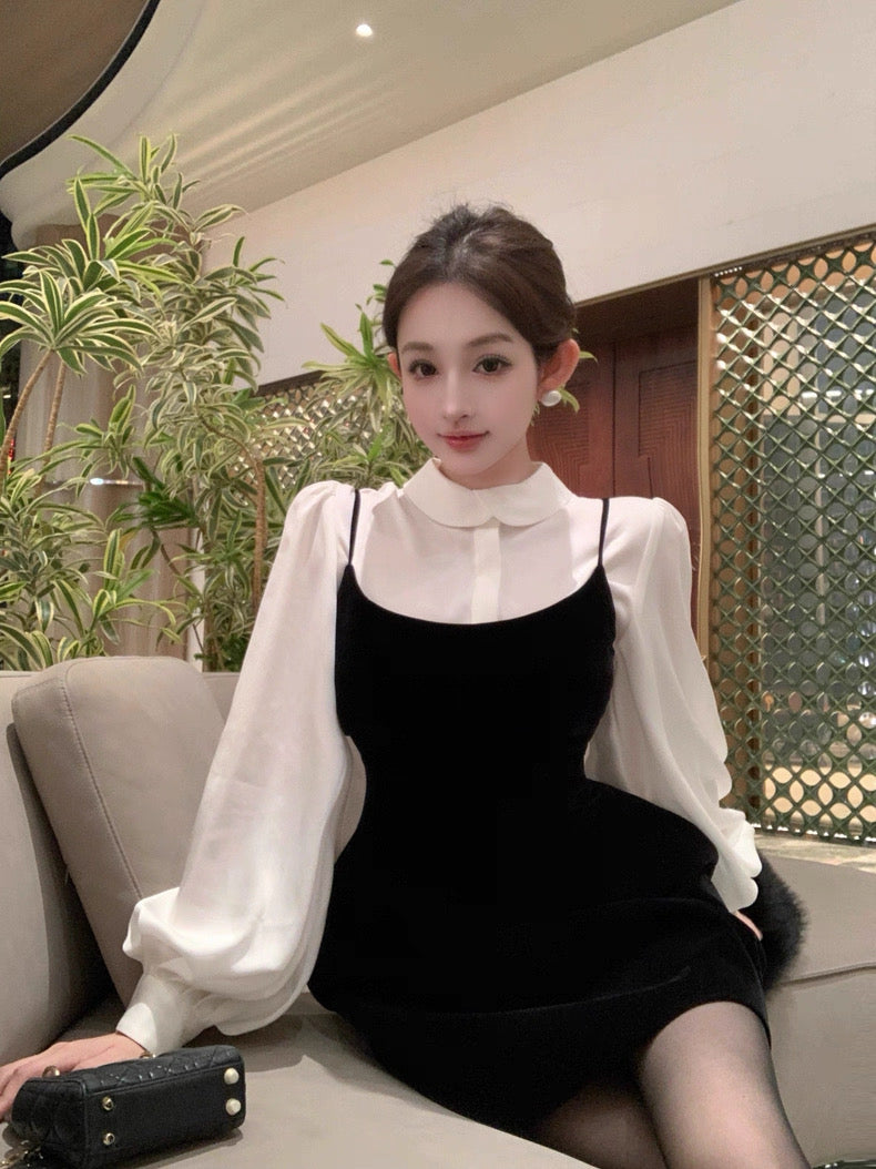 柔白黑韵 轻奢小众收腰衬衫吊带裙套装 Soft White & Black Elegant Luxe Waist-Cinched Shirt and Slip Dress Set