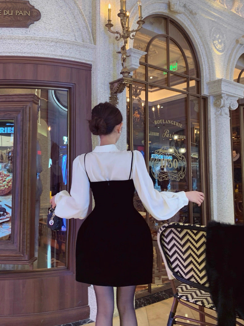 柔白黑韵 轻奢小众收腰衬衫吊带裙套装 Soft White & Black Elegant Luxe Waist-Cinched Shirt and Slip Dress Set